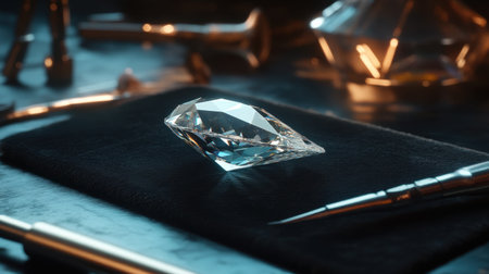 A stunning cut diamond sits on a black velvet surface surrounded by various jewelry tools, showcasing the craftsmanship and elegance in a softly lit workshop setting.の素材
