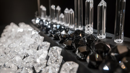 A captivating arrangement of polished crystals and gemstones in black and clear shades. The elegant design showcases their brilliance against a dark background, perfect for decor.の素材