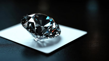An exquisite diamond exhibits brilliant sparkle and clarity on a glossy base, creating stunning reflections against a dark, elegant background, ideal for luxury themes.の素材