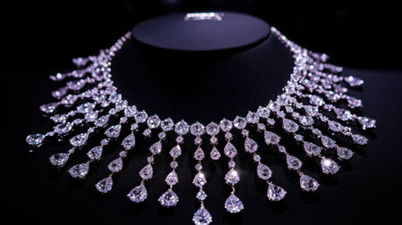 A stunning necklace featuring dazzling diamond-like pendants set against a sleek black display, perfect for showcasing luxury jewelry in a sophisticated setting.の素材