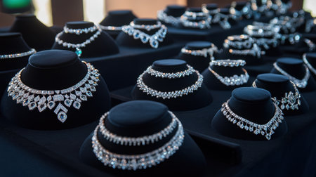 A stunning collection of jewelry featuring shimmering necklaces and bracelets, designed with intricate details and premium materials, perfect for elegant occasions.の素材