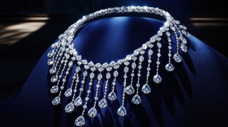 This exquisite diamond necklace featuring a dazzling array of sparkling gems is a brilliant representation of luxury and elegance, perfect for high-end fashion showcases.の素材