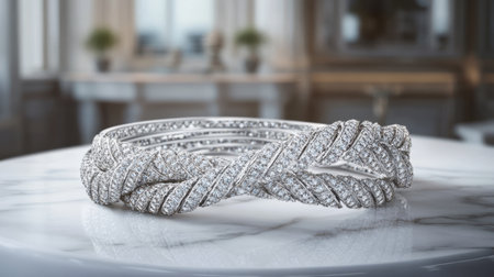 A stunning diamond bracelet elegantly displayed on a marble surface, highlighting its intricate design and luxurious appeal for high-end fashion and jewelry campaigns.の素材