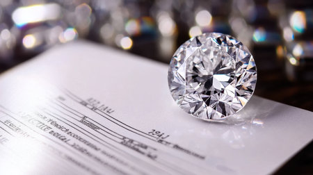 A stunning sparkling round diamond rests on an official document, showcasing its brilliance and clarity. The blurred background enhances its luxury and elegance.の素材