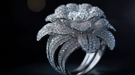 A stunning diamond ring designed like a flower, showcasing intricate detailing and brilliant sparkle. Ideal for luxury jewelry showcases and fashion-themed projects.の素材