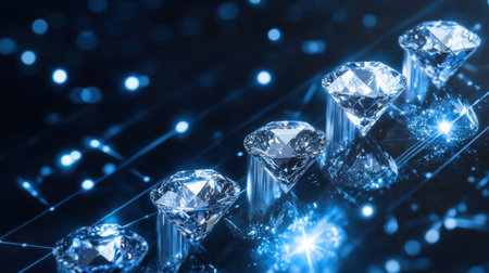 A stunning arrangement of diamonds reflecting light on a dark background, creating a mesmerizing look ideal for luxury related projects and elegant designs.の素材