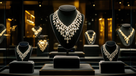 This elegant image showcases a stunning display of diamond necklaces in a chic jewelry boutique, emphasizing luxury, craftsmanship, and timeless beauty.の素材