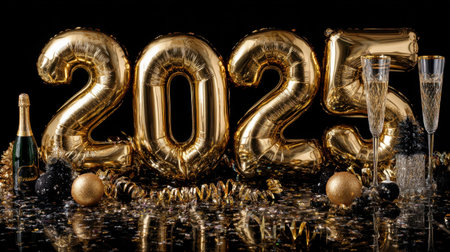 Celebrate the arrival of 2025 with golden balloons, champagne glasses, and festive decorations in a joyful atmosphere full of sparkle and excitement.の素材