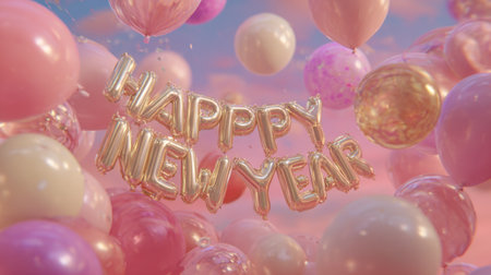 A vibrant scene filled with colorful balloons and gold lettering celebrating the New Year. This joyful atmosphere is perfect for festive events and party planning ideas.の素材