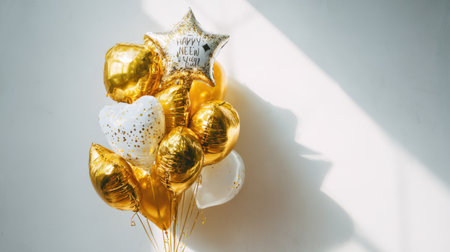 This image features a stunning arrangement of gold and white balloons, radiating joy and festivity for New Year celebrations. Perfect for party decorations and photography.の素材