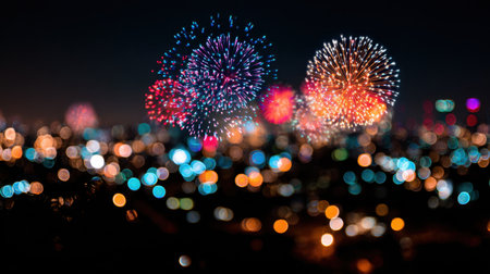 A stunning fireworks display illuminating the night sky over a city skyline, featuring vibrant colors and a captivating bokeh effect in the foreground.の素材