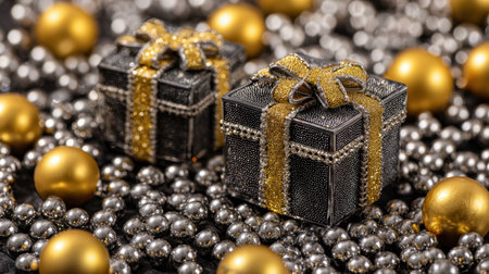 Two elegant black gift boxes with gold ribbons rest among shiny silver and gold ornaments, perfect for celebrating festive occasions with a luxurious touch.の素材