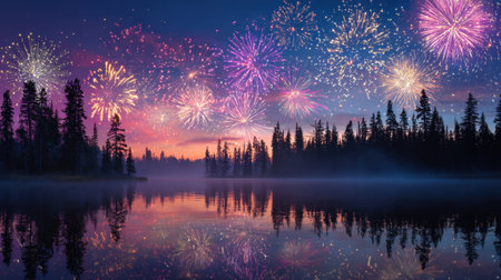 Experience a captivating scene of colorful fireworks exploding in the night sky, beautifully reflected in a serene lake surrounded by lush pine trees at sunset.の素材