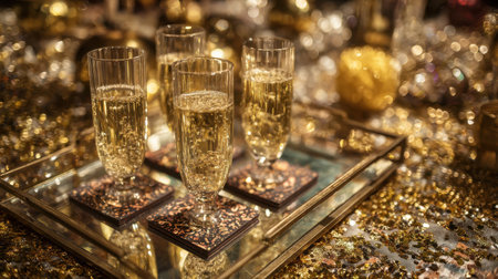 A stunning setup showcasing sparkling glasses filled with bubbly, presented on a gold-themed table. Ideal for celebrations, this luxurious atmosphere radiates joy and elegance.の素材