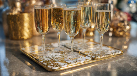 Beautifully arranged champagne flutes on a stylish tray, filled with sparkling beverage, perfect for celebratory moments and seasonal festivities. Ideal for events.の素材