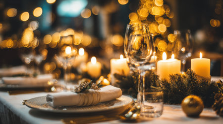 A beautifully arranged holiday dinner table set with elegant glassware, lit candles, and festive decorations, creating a warm and inviting atmosphere for gatherings.の素材