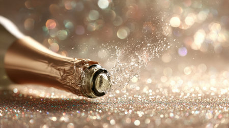 Exciting moment of sparkling champagne bottle popping with a beautiful splash of water against a shimmering glittery backdrop, perfect for celebration themes.の素材