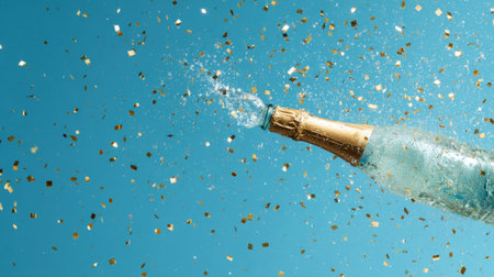 A stunning image of a champagne bottle erupting with water and glittering confetti, set against a bright blue background, perfect for celebrating various joyous occasions.の素材