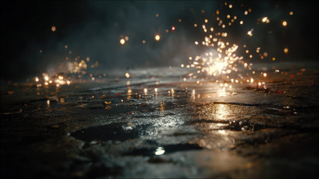 A captivating scene showcasing glowing sparks and reflections on a wet surface, creating a magical ambiance filled with light and energy in a dark setting.の素材