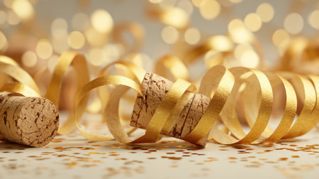 A delightful arrangement of golden streamers, cork stoppers, and shimmering confetti creates an inviting and festive atmosphere perfect for any celebration or gathering.の素材