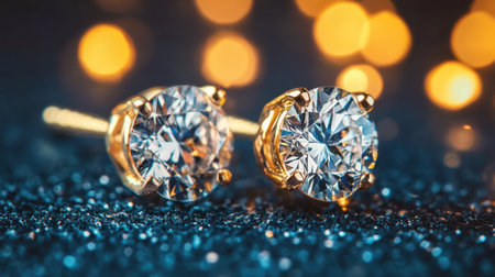 Captivating diamond earrings set in a gold framework, radiating elegance and luxury. The soft bokeh background emphasizes their timeless beauty and charm.の素材