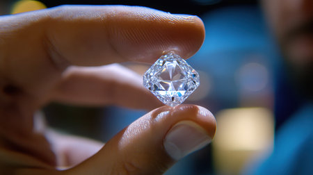 A stunning close-up view of a diamond held delicately between fingers, capturing its radiant facets and intricate details in a refined and elegant manner.の素材