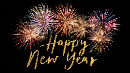 Capture the essence of New Year celebrations with this vibrant fireworks display, featuring sparkling text that conveys festive joy and excitement for fresh beginnings.の素材