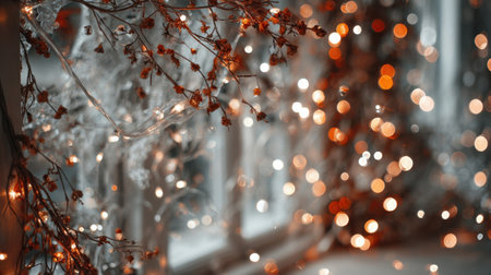 A serene composition of twinkling lights intertwined with delicate branches creates a warm, inviting atmosphere perfect for holiday celebrations and gatherings.の素材