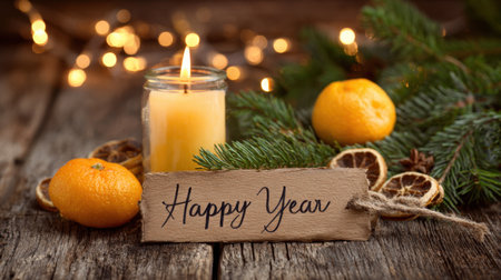 A warm and inviting arrangement featuring a lit candle, fresh citrus fruits, and pine accents on a rustic wooden table creates a cozy New Year atmosphere.の素材