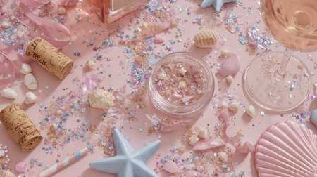 An artistic flat lay displaying a vibrant mix of sparkling glitter, seashells, candies, and decorative bottles on a soft pink background, perfect for celebration themes.の素材