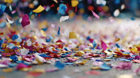 Bright and colorful confetti rains down on the ground, creating a vibrant atmosphere filled with joy and excitement during a festive celebration or party.の素材