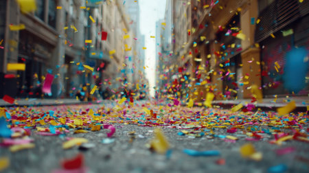 Colorful confetti covers the city street, creating a joyful and festive atmosphere. The scene captures the essence of celebration with vibrant textures and colors.の素材