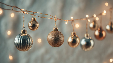 Discover the beauty of elegant Christmas ornaments hanging delicately on a string, illuminated by soft glowing lights, creating a warm festive atmosphere for the holiday season.の素材
