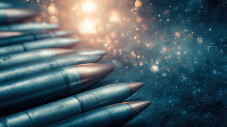 This captivating image showcases a row of metallic bullets set against a vibrant, glowing background, creating a dramatic atmosphere perfect for themes of defense and power.の素材