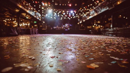 An inviting view of a dance floor scattered with colorful confetti, showcasing a vibrant atmosphere after a live concert, illuminated by stunning stage lights.の素材