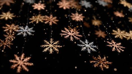 This stunning image features elegant snowflakes falling gracefully against a black background. The sparkling flakes create a magical winter atmosphere, perfect for seasonal themes.の素材