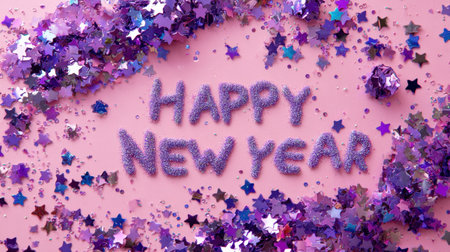 Bright and colorful Happy New Year text crafted with glitter and star confetti creates a festive atmosphere, perfect for invitations and party decorations.の素材