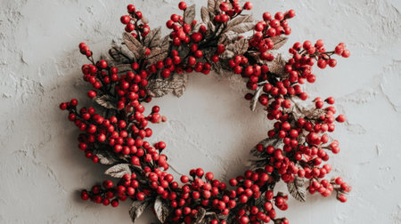 Capture the essence of the season with this stunning red berry wreath. Perfect for enhancing indoor spaces and adding a touch of festive charm to decor.の素材
