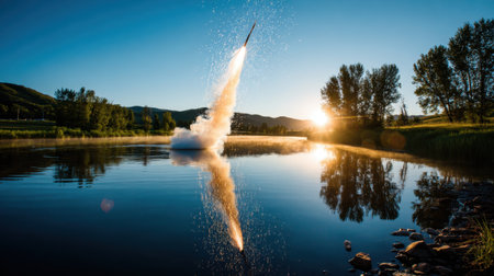 A breathtaking scene captures a rocket launching over tranquil waters at sunset, creating stunning reflections and a natural backdrop. Ideal for adventure and technology themes.の素材