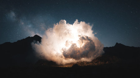 A breathtaking night scene captures a dramatic explosion illuminating clouds against a starry sky. The mountains shape a stunning backdrop, evoking wonder and adventure.の素材