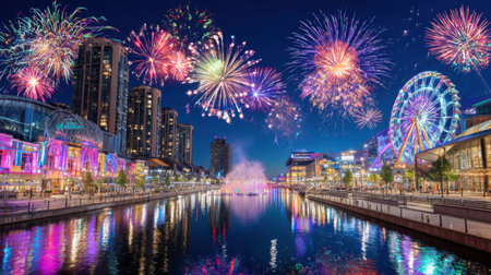 A stunning display of colorful fireworks illuminates the night sky over a lively cityscape, with an enchanting waterfront and a giant Ferris wheel creating a festive atmosphere.の素材