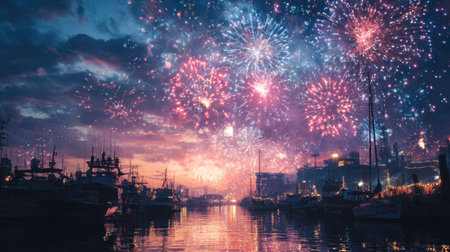 A stunning fireworks display lights up the harbor at dusk, with vibrant colors reflecting on the water. Boating activity complements this lively celebration, capturing a joyous moment.の素材