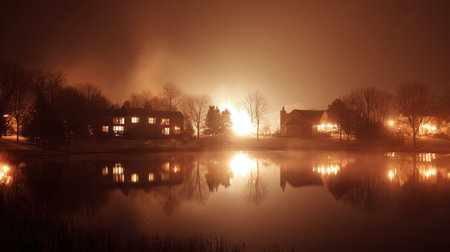 This tranquil nighttime scene captures a serene landscape with fog over water, illuminated homes, and reflections creating a calming ambiance perfect for relaxation.の素材