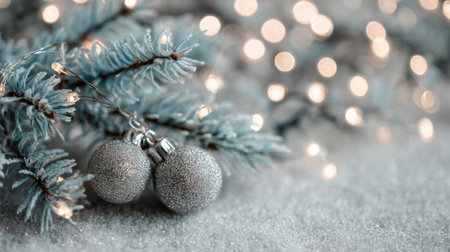 Discover the enchanting beauty of silver Christmas ornaments hanging delicately on frosty evergreen branches, surrounded by soft bokeh lights, perfect for holiday decor.の素材