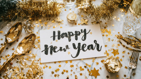 A beautifully arranged New Year celebration setup featuring golden decorations, a cheerful "Happy New Year" sign on a marble table, and sparkling accents to inspire joy.の素材