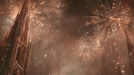 This captivating image showcases a stunning display of fireworks lighting up a dreamy cityscape, creating a magical and enchanting atmosphere at night.の素材