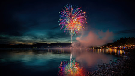 A stunning fireworks display fills the night sky with vibrant colors, reflecting beautifully on the calm water below, creating a serene and festive atmosphere.の素材