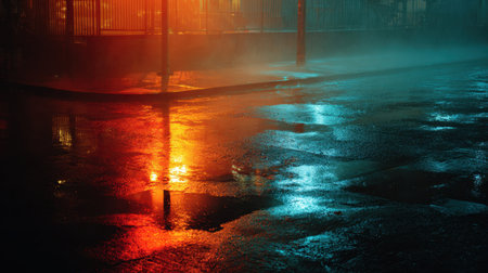 A stunning view of a wet street reflecting vibrant orange and blue lights, creating an enchanting atmosphere. Perfect for projects focusing on urban night scenes.の素材