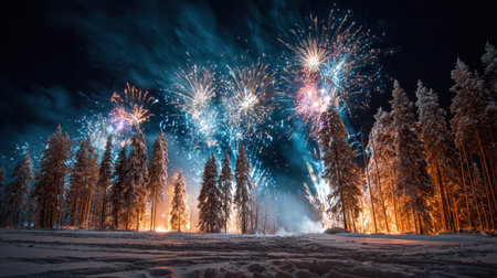 Experience a stunning fireworks display illuminating a snowy forest at night. The colorful bursts reflect against the serene trees, creating a magical winter wonderland scene.の素材