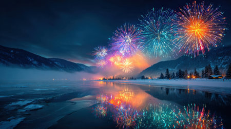 A stunning fireworks display lights up the night sky above a snowy landscape, reflecting beautifully in the calm waters below, creating a magical celebration atmosphere.の素材